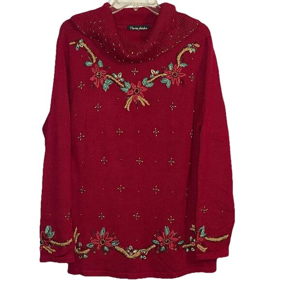 Theme Works By Kikit Sweaters - Theme Works Kikit Christmas Sweater Red Beaded Poinsettia Embroidered Size Large